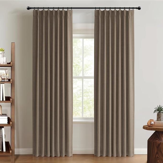 100% Blackout Shield Linen Look Textured Pinch Pleated Curtains Blackout Drapes 102 Inch Long 2 Panels Set, Faux Linen Blackout Curtains for Bedroom & Living Room, 40" W x 102" L, Linen Brown
