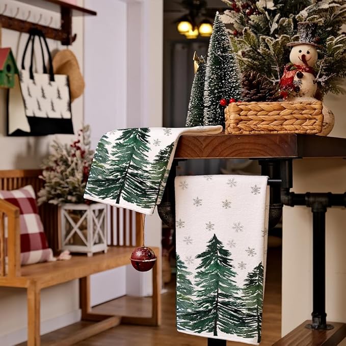 ARKENY Christmas Kitchen Towels Set of 2,Green Xmas Tree Snowflake Dish Towels 18x26 Inch Drying Dishcloth,Farmhouse Nobel Home Decoration AD140