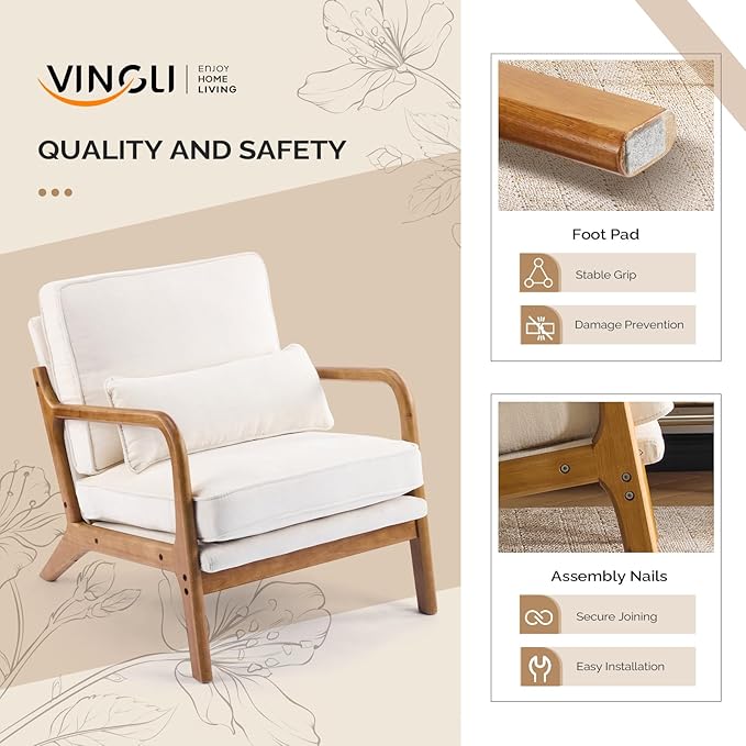 VINGLI Chenille Mid-Century Modern Accent Chair Set of 2, Cute Reading Arm Chair with Cushion & Lumbar Pillow & Solid Wood Frame for Lounge, Living Room, Reading Room, Bedroom,Cream