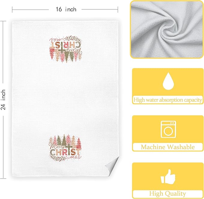 Christian Christmas Kitchen Towels, Retro Christmas Tree Cross Decorative Hand Towels for Bathroom, Christmas Dish Towels for Kitchen, Christian Christmas Kitchen Bathroom Decor, 16x24 Inches