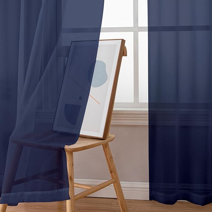 Aiyufeng Sheer Navy Blue Curtains 84 inch Length 2 Panels Set, Airy Soft-Touching Rod Pocket Voile Drapes for Living Room/Bedroom, Each 40W x 84L