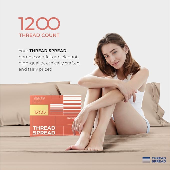 THREAD SPREAD 100% Egyptian Cotton Sheets California King Size - 1200 Thread Count 4 PC Cal King Sheet Egyptian Cotton, Cooling Sateen Sheet, High TC Sheets California King, Fits Upto 19" - Taupe