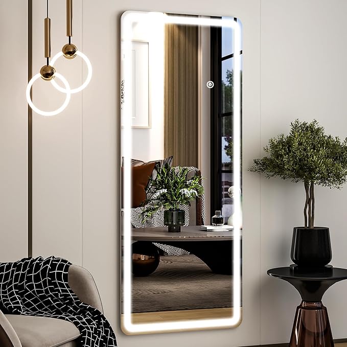 21"x56" Rectangular Full Length Mirror with LED Lights, Standing or Wall-Mounted Full Body Mirror with Stand, Dimmable 3-Color Lighted Floor Mirror for Bedroom, Dressing Room, Cloakroom