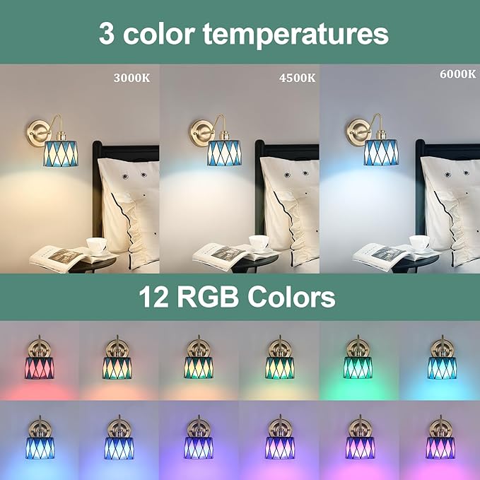 Vintage Battery Operated Wall Sconce Set of 2, 5000mAh Rechargeable Wall Lamp 12 RGB Colors Dimmable, Gold Lights Fixture for Bedroom Bathroom Living Room Hallway Blue Checker