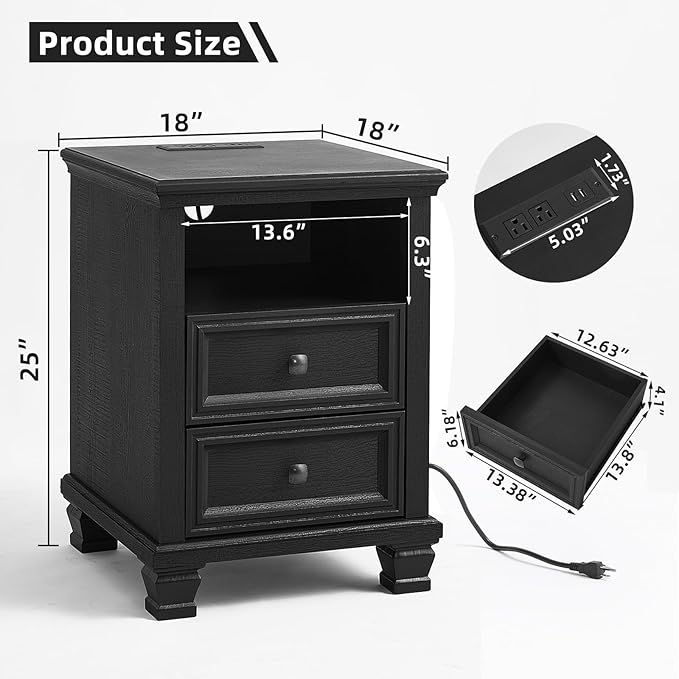 Farmhouse Nightstand Set of 2 with Charging Station, Rustic Black Nightstand,2 Drawers End Table for Living Room,Bedside Table with Open Shelf for Bed Room,Black