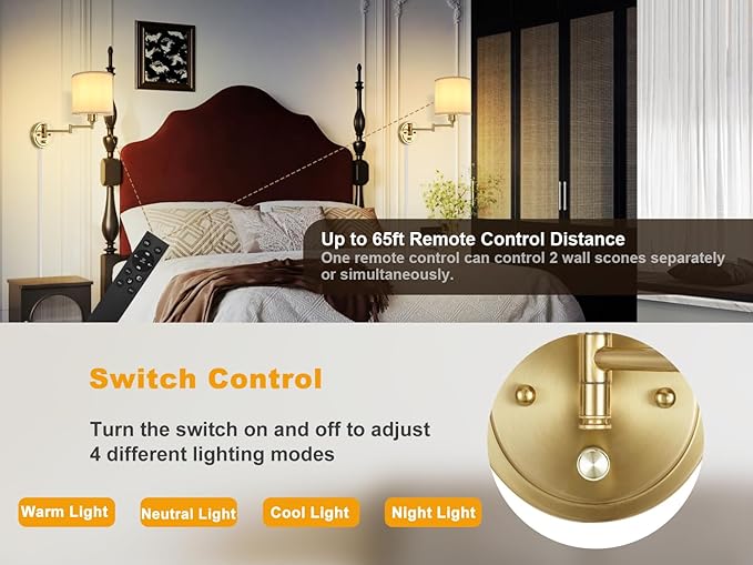Plug in Wall Sconces with Remote Control, Dimming 10%-100% & Adjustable Colors 2700K-6500K, Hardwire or Plug-in, Swing Arm Wall Lamp with White Fabric Shade, Wall Sconces Set of Two, Gold Finish