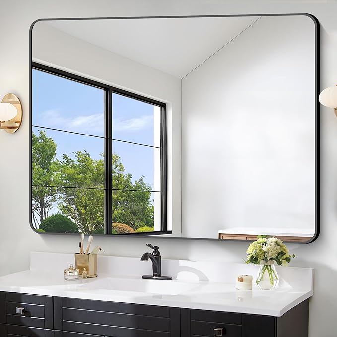 FORBATH Large Bathroom Mirror 48 x 36 Inches,Black Large Wall Mirror Aluminum Frame Wall Mounted Rounded Corner Morndern Mirror for Bathroom Bedroom Entryway Living Room