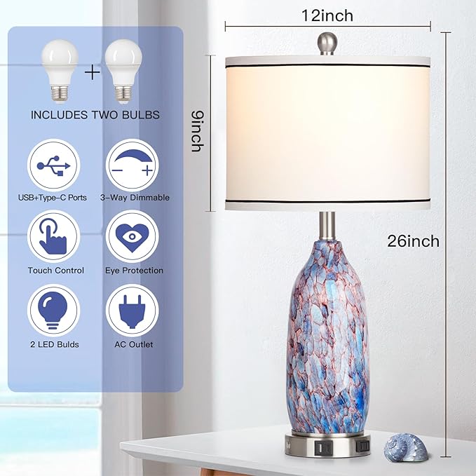 26" Coastal Glass Table Lamps Set of 2,Nautical lamp with USB A+C Ports & AC Outlet,Bule Bedside Lamps with 3-Way Dimmable Touch Control Night Light for Bedroom Living Room(Bulbs Included)