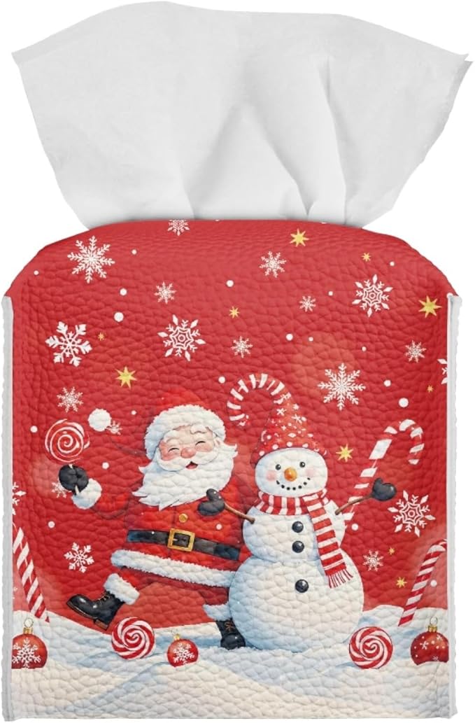 Christmas Tissue Box Cover Square Facial Tissue Holder Storage for Bedroom Bathroom Night Stand Car Santa Claus Snowman Modern Home Decorative with Buttons Napkin Case Covers