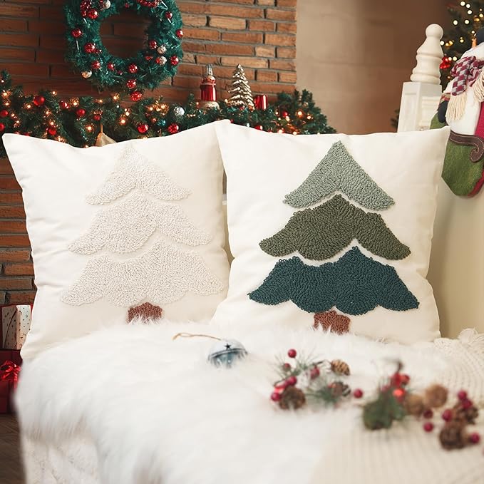 GEEORY Christmas Pillow Covers 18x18 Inch, Embroidered Xmas Tree Throw Pillows Farmhouse Winter Holiday Decor Cushion Case for Sofa & Bed Home Decorations (Green) GX003-1-18