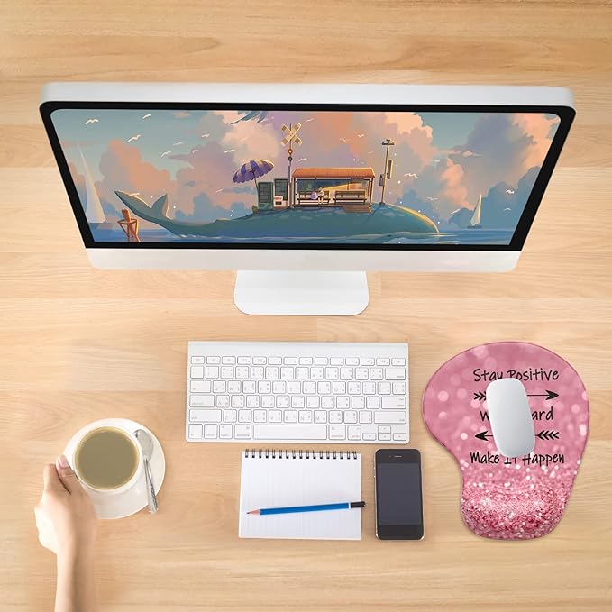 Hsurbtra Ergonomic Mouse Pad with Wrist Rest Support, Gel Mouse Pads with Non-Slip PU Base, Pain Relief Memory Foam Computer Mat, Cute Office Supplies Desk Decro Accessories, Work Hard