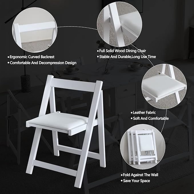 FUNROLUX Folding Dining Chairs with Padded Cushion, Wooden Portable Stackable Foldable Chairs Set of 2 with Solid Wood Frame for Kitchen, Party, RV, No Assembly, White