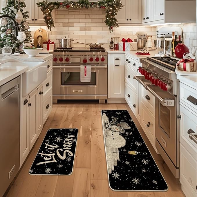 Artoid Mode Let It Snow Snowflake Snowman Light Christmas Decorative Kitchen Mats Set of 2, Home Party Low-Profile Kitchen Rugs - 17x29 and 17x59 Inch