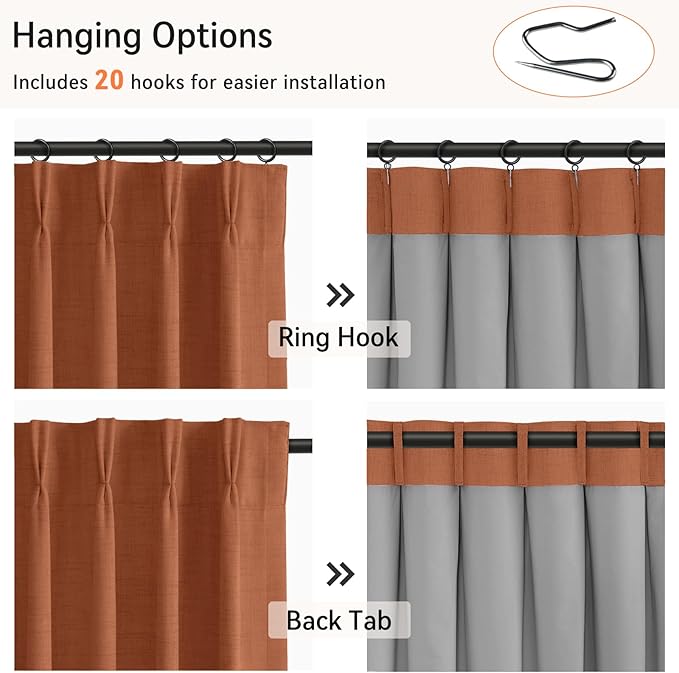 100% Blackout Shield Linen Look Textured Pinch Pleated Curtains Blackout Drapes 120 Inch Long 2 Panels Set, Faux Linen Blackout Curtains for Bedroom & Living Room, 40" W x 120" L, Burnt Orange
