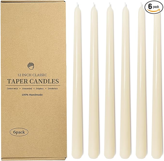 12 Inch Taper Candles 6 Pcs Unscented, Smokeless, Dripless Long Tapered Candlesticks Candles for Christmas Birthday Dinner Wedding Party Home Decor