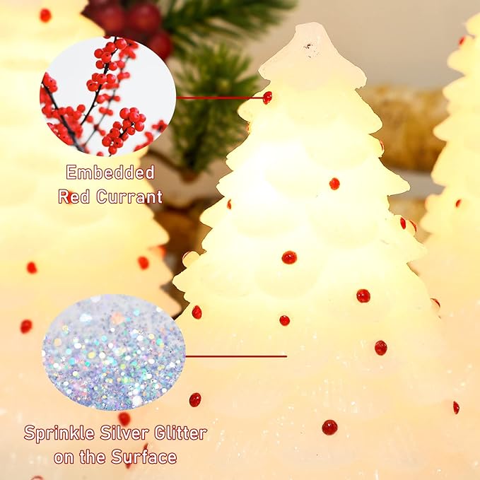 White Christmas Trees Figurine with Light Battery Operated with Remote Lighted Christmas Tree Tabletop Decor Real Wax White Small Xmas Tree with Red Berry Christmas Decoration for Home Party Gifts