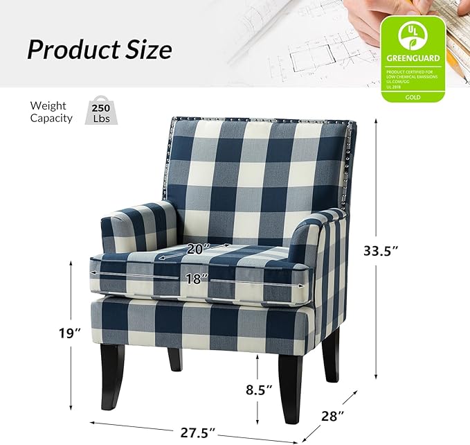 HULALA HOME Modern Accent Chairs Set of 2, Farmhouse High Back Buffalo Plaid Chairs with Wooden Legs & Nail Head Trim, Comfy Upholstered Armchairs for Living Room/Bedroom (Buffalo Navy)