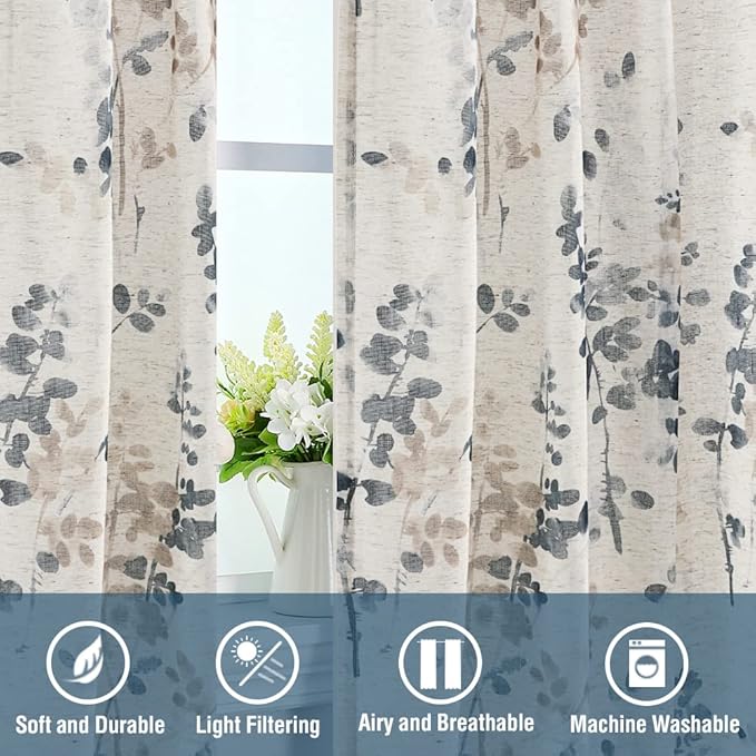 H.VERSAILTEX Linen Sheer Curtains for Living Room Sheer Panels 84 Inches Long Light Filtering Tab Top Window Treatment Drapes for Bedroom, 2 Panels, Vintage Classical Floral Print Bluestone and Taupe