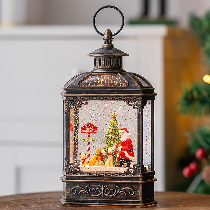 Snow Globe Lighted Christmas Decorations, Santa Claus & Pups Musical Water Lantern with Swirling Glitter, Christmas Holiday Party Gifts and Decorations
