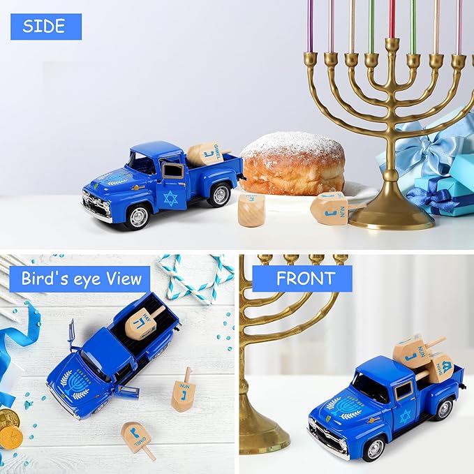 CRCZK Hanukkah Home Decor - Mini Metal Truck with Wood Dreidel - Festive Jewish Holiday Tabletop Decor, Gift for Kids