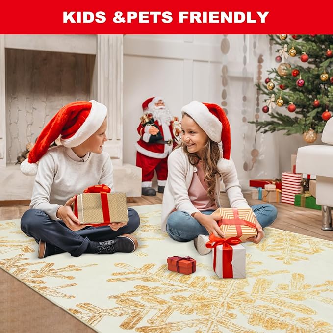 Lahome Snowflake Christmas Runner Rug, 2x6 Non Slip Christmas Rug Runners for Hallways Non Skid Washable Runner Rug Holiday Decor Carpet Runner for Kitchen Bedroom Laundry(2x6ft,Gold)