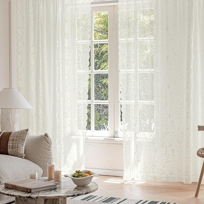 Ivory Lace Semi-Sheer Curtains – Vintage Branches Pattern for Bedroom/Bathroom, Light Filtering Rod Pocket Drapes, Privacy Chic Window Treatments Scalloped Hem, 52W x 72L Inch, 2-Panel Set