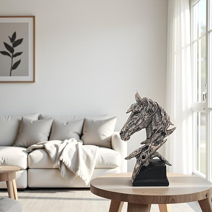 16" Animal Horses Head Bust Table Sculpture Retro Resin Home Decor Statue for Bedroom,Living Room,Dining Desk,Bookshelf,Office,Study and Coffee Tables(Black)