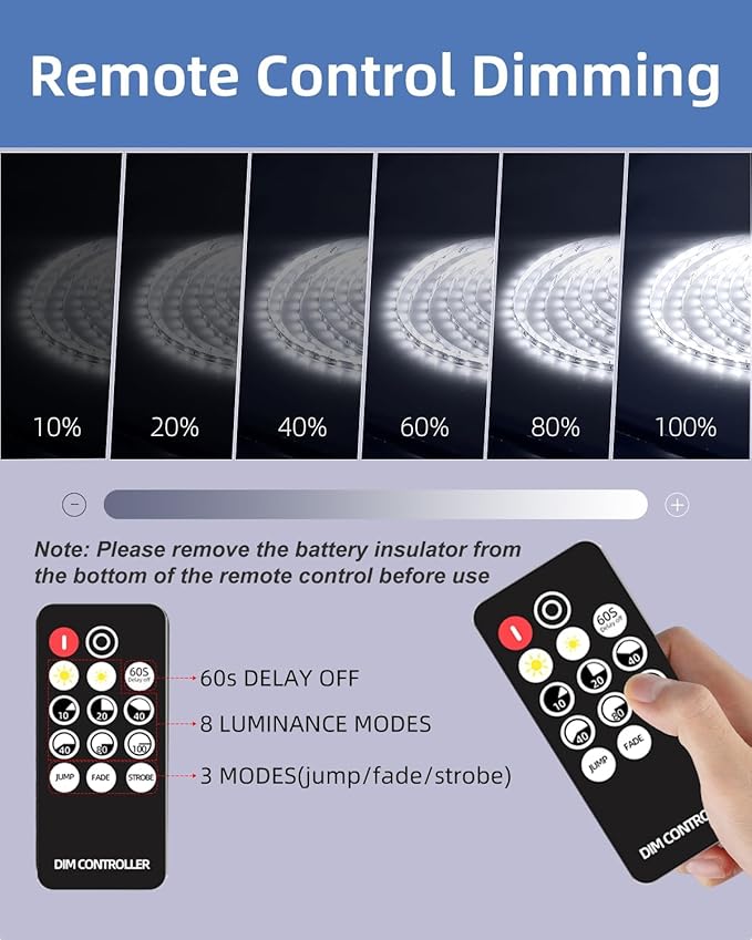 20ft LED Strip Lights with Remote, 6500K Daylight White Dimmable Tape Lights, 12V 360 LEDs 2835 Strong Adhesive Rope Lights for Cabinet Kitchen Ceiling Closet Vanity Mirror Stairway Basement