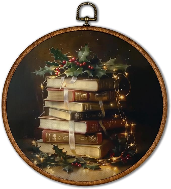KSDUT Vintage Christmas Wall Decor Art - Retro Book Christmas Wall Art Canvas Frame Hanging Prints, Merry Xmas Holiday Round Wall Art Decor for Home Farmhouse Decorations 10"x10"