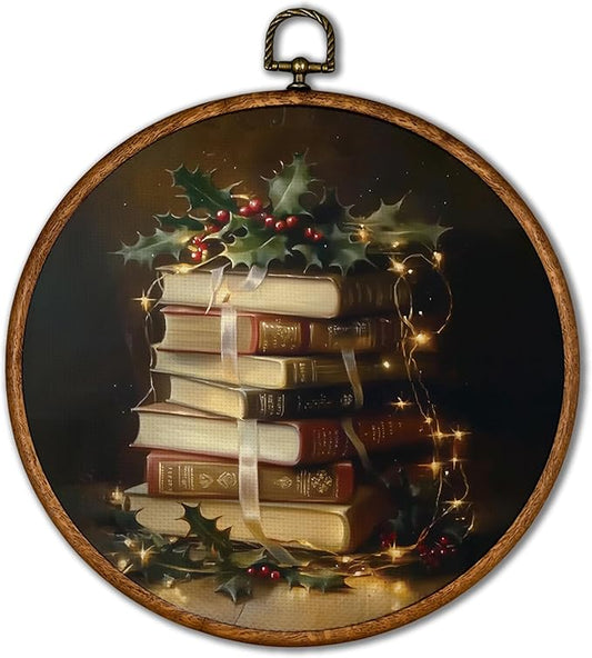 KSDUT Vintage Christmas Wall Decor Art - Retro Book Christmas Wall Art Canvas Frame Hanging Prints, Merry Xmas Holiday Round Wall Art Decor for Home Farmhouse Decorations 10"x10"