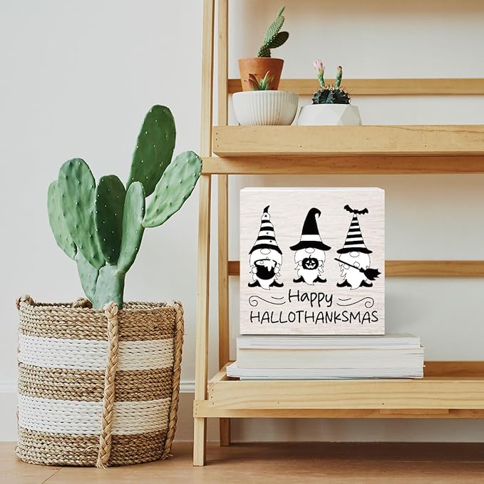 Vintage Gnome Wooden Box Sign Funny Desk Decor Halloween Decorations Witchcraft Supplies for Home Farmhouse Table Tiered Tray Wall Rustic Plaque Block Sign Decorative Thanksgiving Fall Christmas Decor