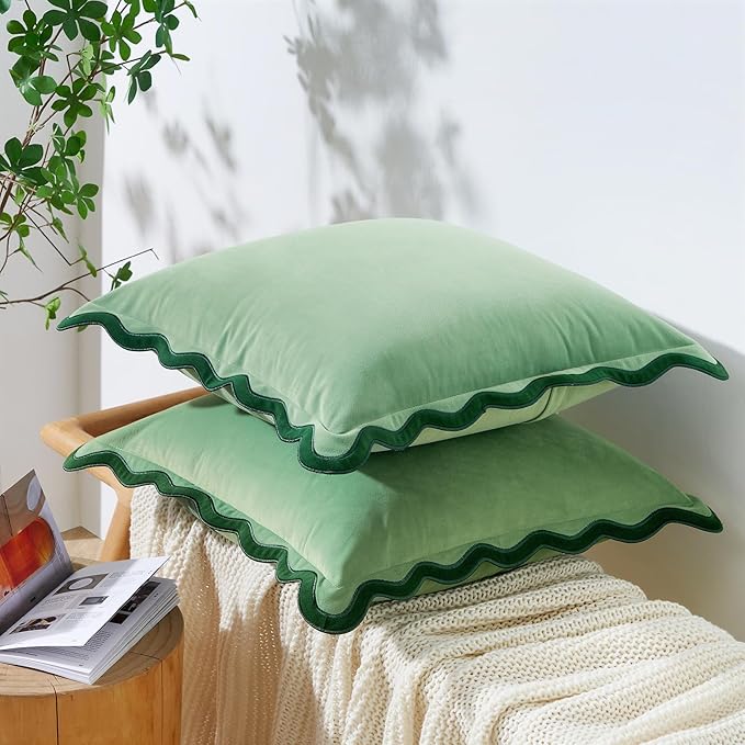 MONDAY MOOSE Decorative Throw Pillow Covers Cushion Cases, Set of 2 Soft Velvet Scalloped Wavy Edge Designs, Mix and Match for Home Decor, Pillow Inserts Not Included (Green/Light Green, 20x20 inch)