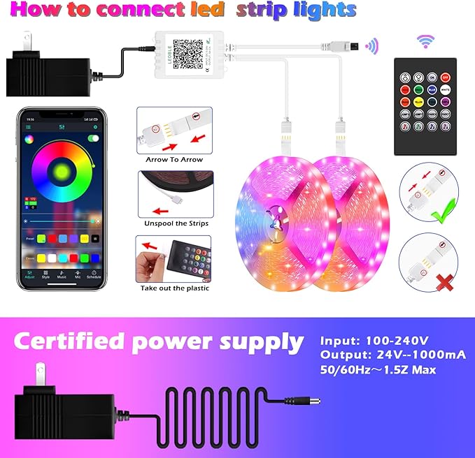 Led Strip Lights,Long Smart Led Light Strips Music Sync 5050 RGB Color Changing Rope Lights,Bluetooth APP/IR Remote/Switch Box Control Led Lights for Bedroom,Home Decoration,Party,Festival (200FT)