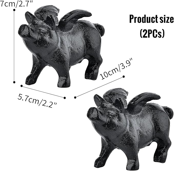 Sungmor Whimsical Cast Iron Flying Pig Statue, 2pcs Rustic Black Cute Little Piggy Paperweight, Garden Collection Figurine Home Office Desk Ornament, Indoor Outdoor Animal Statues