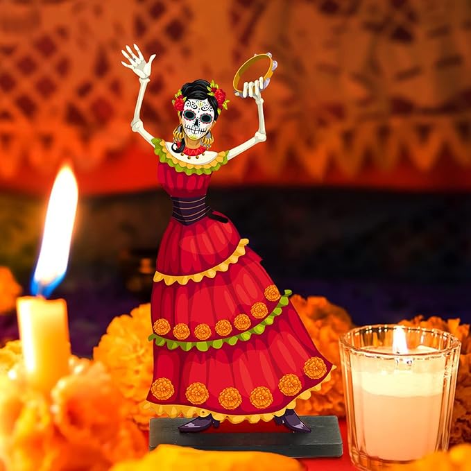 2 PCS Day of the Dead Centerpieces, Wooden Dancing Couple Sugar Skull Signs Decor Day of the Dead Table Decor Mexican Dia De Los Muertos Decor for Table Mexican Festival Halloween Decor