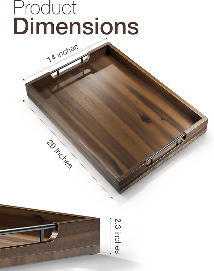 20 Inch Acacia Wood Ottoman Tray for Living Room - Coffee Table Trays, Serving Tray with Handles for Ottoman Table, Decorative Trays for Home Decor, Charcuterie Boards (Walnut Color)