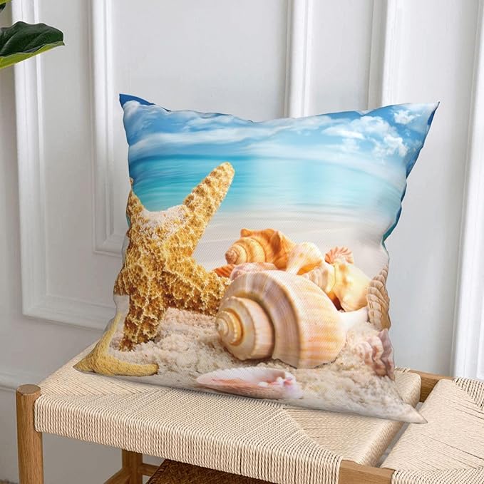 Ocean Beach Throw Pillow Covers 18 x 18 Inch Seashell Starfish Conch Ocean Themed Decorative Pillows Soft Cushion Cases for Couch Sofa Bed Home Decor Set of 4