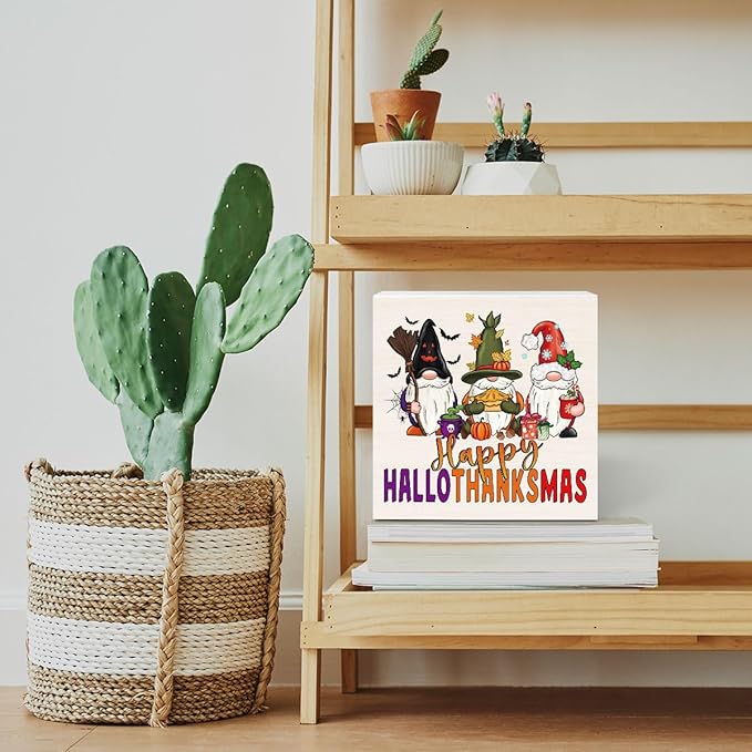 Vintage Gnome Wooden Box Sign Funny Desk Decor Halloween Decorations Fall Decor for Home Farmhouse Table Living Room Tiered Tray Wall Rustic Plaque Block Sign Decorative Thanksgiving Christmas Decor