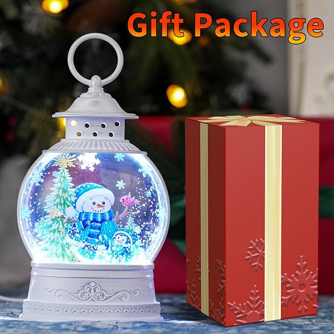Christmas Snow Globes Lantern, Lighted Blue Snowman Decor with Music Timer Swirling Glitter Snow Globe Penguin Christmas Tree, USB or Battery Operated
