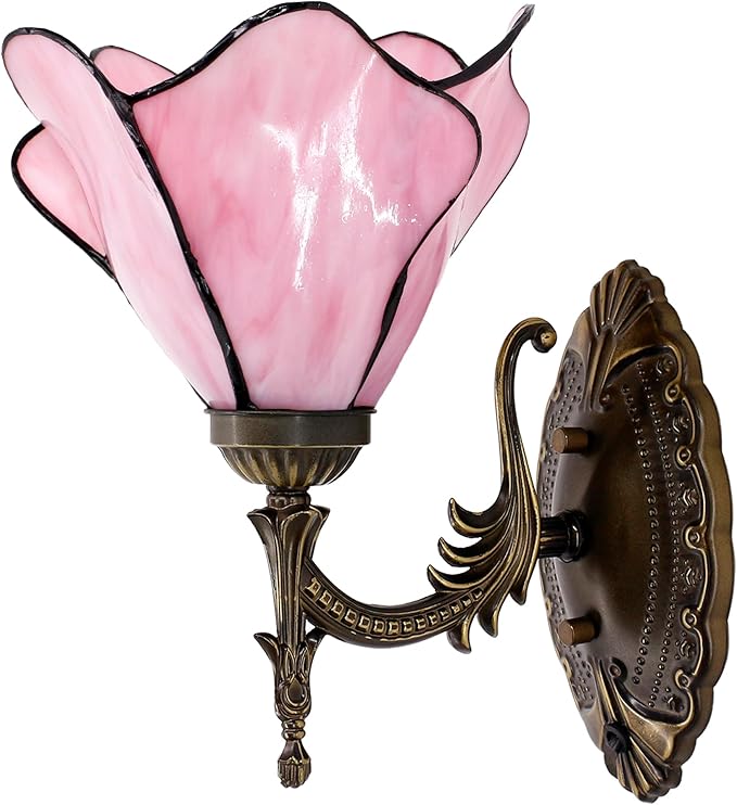 Tiffany Wall Sconce Lamp Blue Stained Glass Flower Style 8X10.5X11 Inch Plug in Wall Bedside Light for Hallway Bedroom (Pink Flower Style)