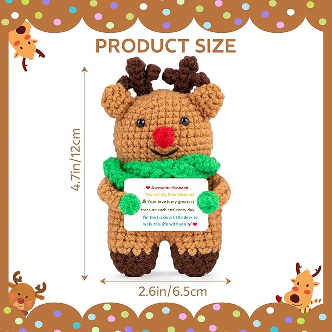 Mini Cute Deer Gifts for Husband Handmade Crochet Reindeer Present Wedding Anniversary Thanksgiving Christmas Birthday Gift for Him Man from Wife Office Home Emotional Decor Doll