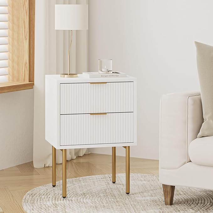 Masupu Nightstand,Mid-Century Modern Bedside Table with 2 Storage Drawer,Small Gold Frame Side End Table for Bedroom,Living Room, White