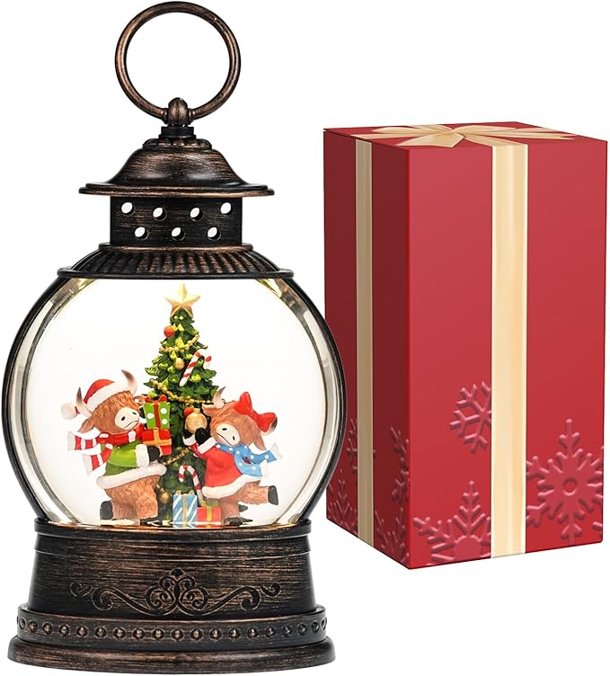 Christmas Snow Globes Lantern, Winter Scene with Yak Christmas Tree, Musical Snowglobe with LED Lights & 6h Timer Swirling Glitter Decortaions Gifts, USB/Battery Powered