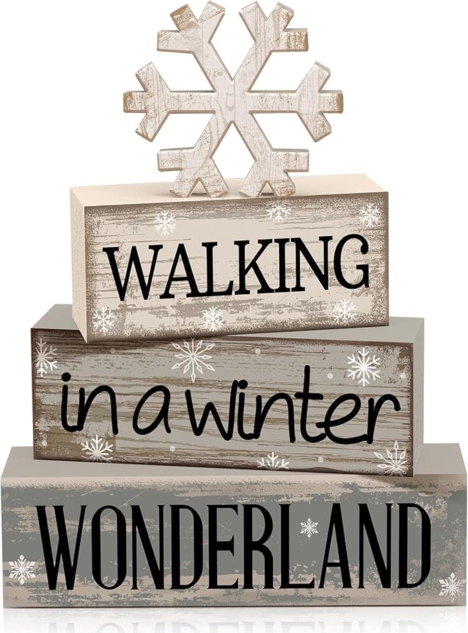 4 Pcs Christmas Table Decorations Wooden Snowflake Decor Winter Tiered Tray Decor Rustic Snow Block Signs Gift Farmhouse Christmas Centerpiece for Winter Wonderland Party Kitchen Shelf Home