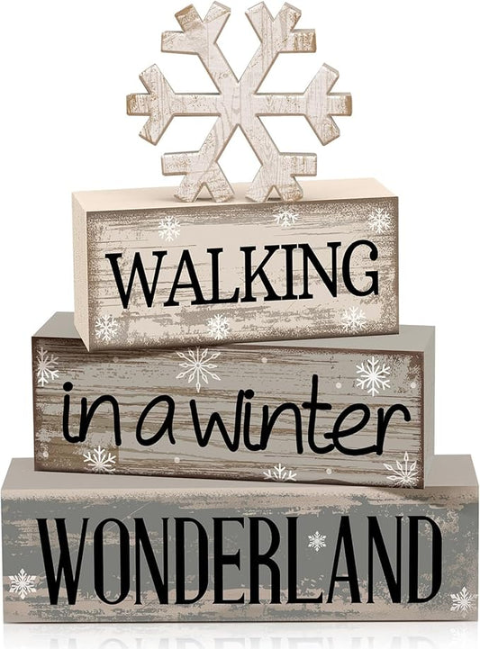 4 Pcs Christmas Table Decorations Wooden Snowflake Decor Winter Tiered Tray Decor Rustic Snow Block Signs Gift Farmhouse Christmas Centerpiece for Winter Wonderland Party Kitchen Shelf Home
