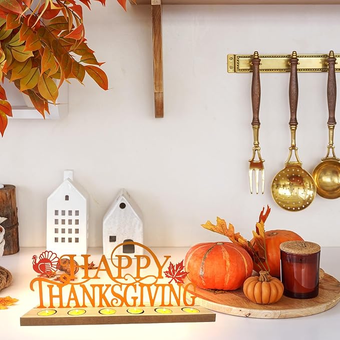 Metal Happy Thanksgiving Sign, Tiered Tray Decor with 18 Pcs Tealights, Orange Fall Decorations Tea Lights Candles Holders for Home, Office, Shelf, Mantel, Indoor, Table, Autumn Decoration