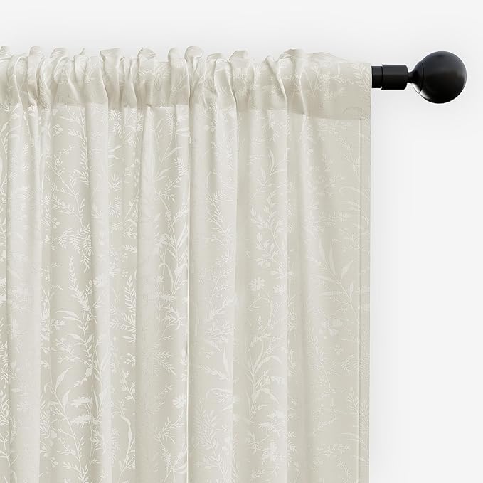 Anmao Beige Semi Sheer Light Filtering Curtains 96 Inches Long 2 Panels, Leaf Pattern Drapes for Living Room Bedroom, Rod Pocket Privacy Window Treatments with Floral Design, 52x96 Inch