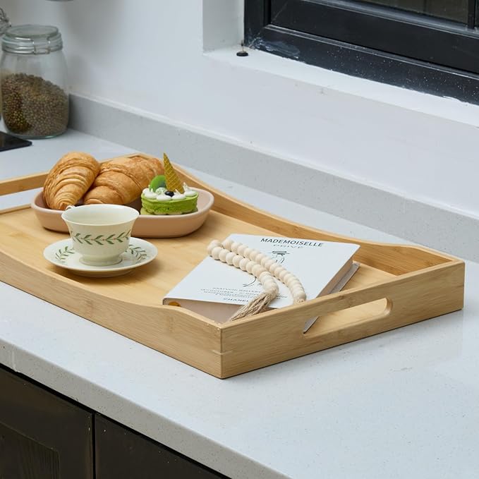 GOBAM Bamboo Extra Large Ottoman Tray, 26 x 15 inches - Wooden Tray for Dining Table & Parties, Serving Tray with Handles for Food, Cheese, Snacks, Tea, Coffee & Wine