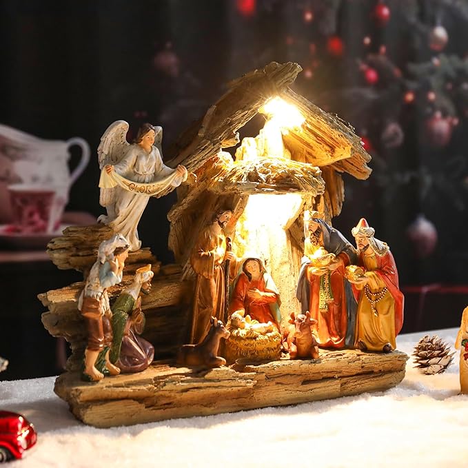 Nativity Sets 9.8 Inch Christmas Village Manger Nativity Scene Indoor Baby Jesus Christmas Decorations Tabletop Scenes Figures Set Christmas Ornaments