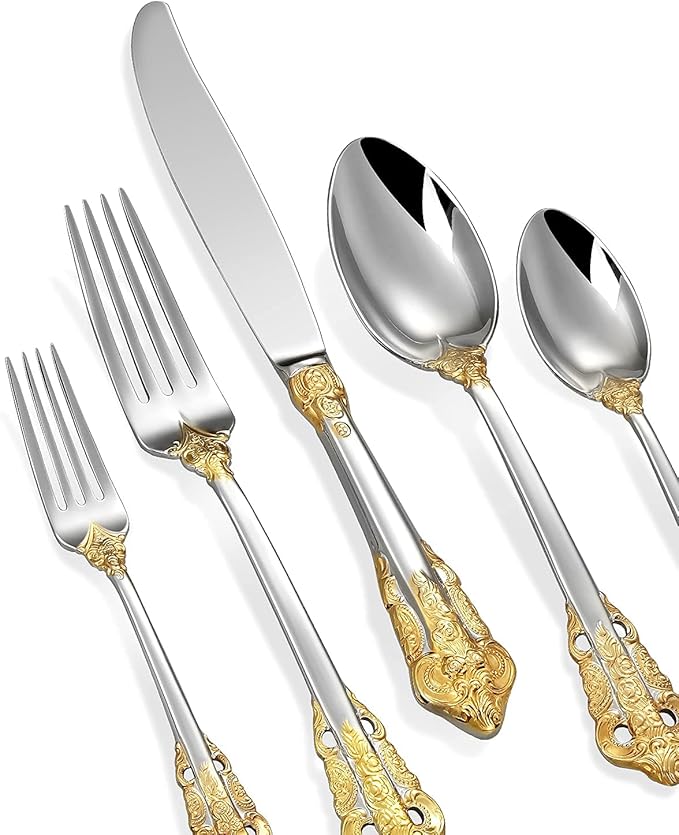 KEAWELL Luxury 20 Pieces 18/10 Stainless Steel Flatware set, Service for 4, silver plated with gold accents, Fine Silverware set and Dishwasher Safe (Gold Accent)